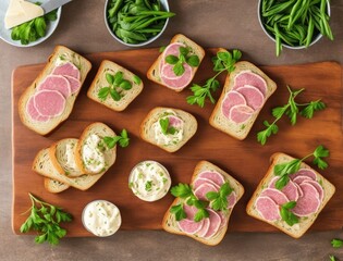 sliced ham, sausage and arugula, with cheese on wooden background, top view, copy space