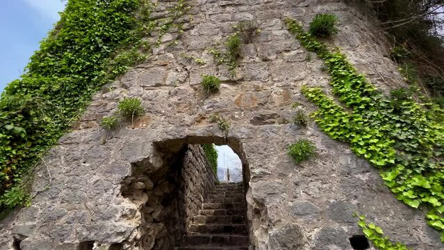 Slowmotion video of the ruins of the Bar old city or Stari Grad. A destroyed ancient settlement close to the city of Bar. Travel destinations of Montenegro