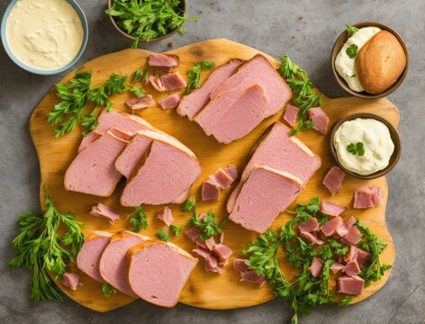 sliced ham, sausage and arugula, with cheese on wooden background, top view, copy space
