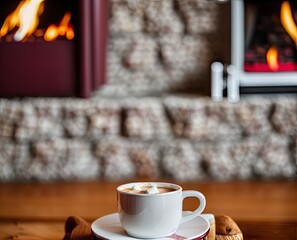 hot chocolate with marshmallows in a cup on a wooden table