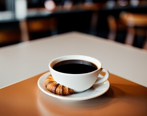 cup of coffee and croissant on wooden table