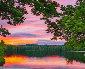 Obraz premium sunset over a lake in the mountains, with a reflection of clouds and a cloudy sky