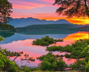 sunset over a lake in the mountains, with a reflection of clouds and a cloudy sky