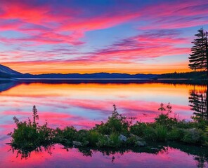 Naklejka premium sunset over a lake in the mountains, with a reflection of clouds and a cloudy sky