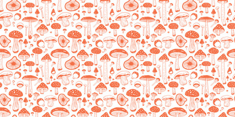 Mushroom Illustration Vector Seamless Pattern Hand-Drawn Red and White Fungy Forest Fall Vibes