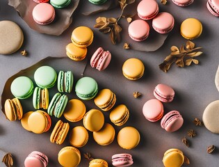 colorful macarons in row, pastry, pink, snack, sweet, tasty, traditional, yellow
