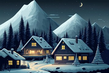 cartoon illustration, landscape of mountains and snowy houses at night generative AI
