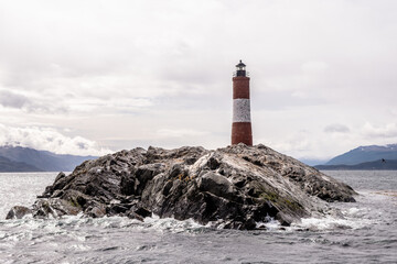 views of famous les eclaireurs lighthouse in ushuaia.