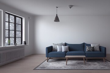 mock up poster frame in boho interior background, wooden living room design, Scandinavian style. Generative AI illustration