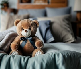teddy bear with a toy on a bed in the room