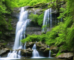 Obraz premium waterfall and forest. nature, travel, hiking concept