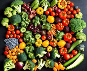 raw vegetables and fruits and fresh ingredients, top view. food background.