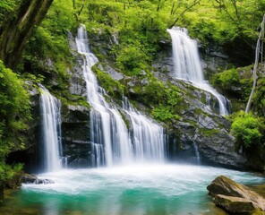 waterfall and forest. nature, travel, hiking concept