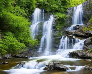 Obraz premium waterfall and forest. nature, travel, hiking concept