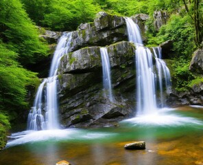 waterfall and forest. nature, travel, hiking concept