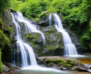 waterfall and forest. nature, travel, hiking concept