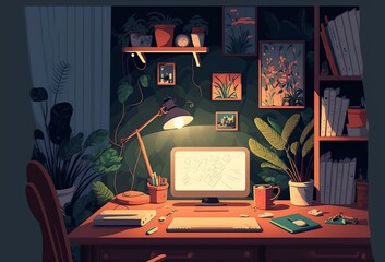 cartoon illustration, computer work desk in the room at night generative AI