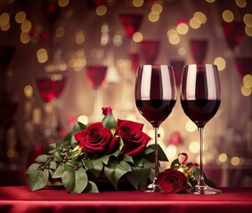 Valentine red wine in a glass on a table