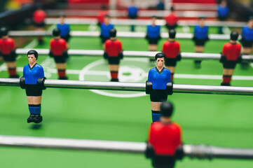 Board game football closeup. Soccer team. The concept of entertainment in free time.