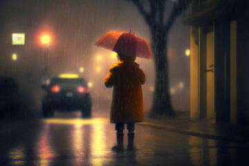 A young child with yellpw raincoat in the rain holding a red umbrella. Generative AI illustration