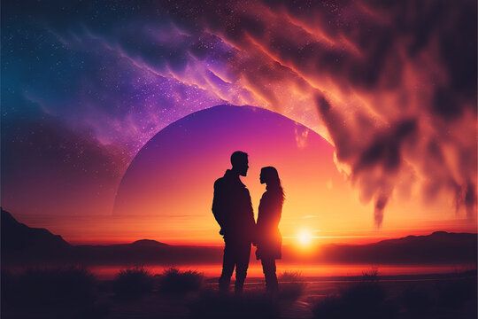 romantic, Valentine's Day, Couple, silhouette, sunset