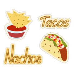 Set of Mexican food nachos and tacos stickers with lettering. Latin American cuisine. Fast food