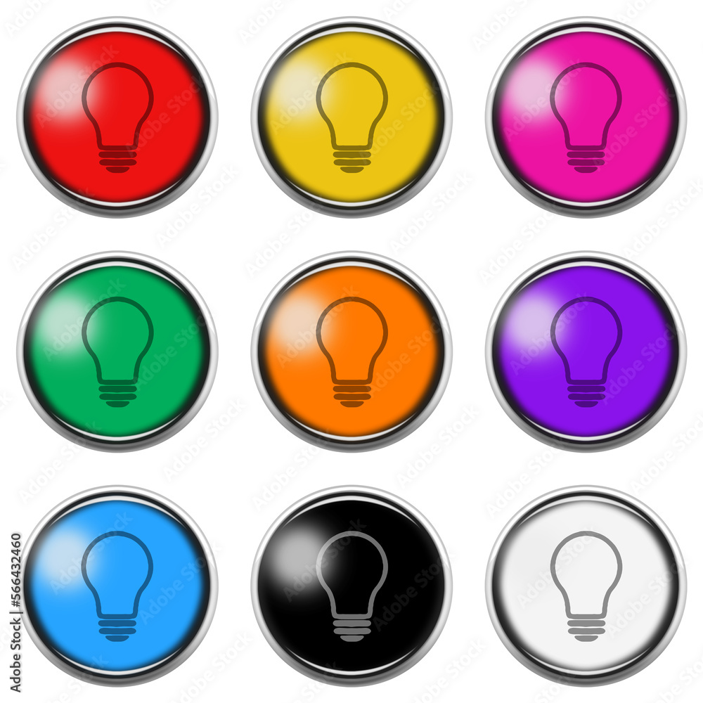 Poster light bulb button icon set isolated on white with clipping path 3d illustration