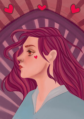 Purple Girl. 
Dibujo de personaje, cabello rosa, cabello morado, 14 de febrero, Corazones