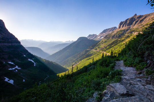 Distant view of the mountain Peaks of Glacier National Park, Montana as seen from the Highline Trail