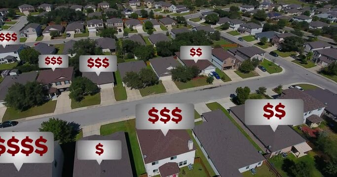 An aerial view of a typical middle class midwestern residential neighborhood with fictional real estate home value price tags over various homes.	