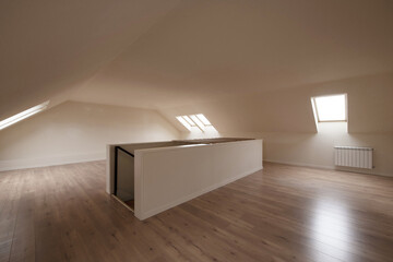 Mezzanine room with sloping ceilings with skylights and chestnut flooring