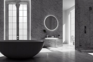 Luxury bathroom with marble. Modern interior hotel or home design with clean and elegance space. Natural lighting window. Generative AI illustration