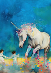 Unicorn and children. Watercolor illustration. Generative AI.