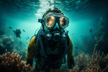 Naklejka na ściany i meble Scuba diver in the underwater - Generative AI