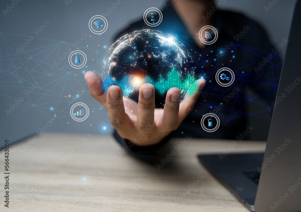 Poster businessman using laptop computer technology global internet connection for business and finance dig