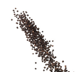 Black Pepper seeds fly explosion, Black Pepper float explode, abstract cloud fly. Black Peppercorn splash throwing in Air. White background Isolated high speed shutter, freeze motion