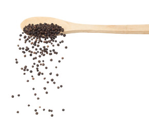 Black Pepper seeds fall down pour on wooden spoon, Black Pepper float explode, abstract cloud fly. Black Peppercorn splash throwing in Air. White background Isolated high speed shutter, freeze motion