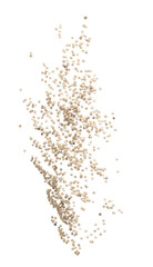 White Pepper seeds fly explosion, white Pepper float explode, abstract cloud fly. Peppercorn splash throwing in Air. White background Isolated high speed shutter, freeze motion