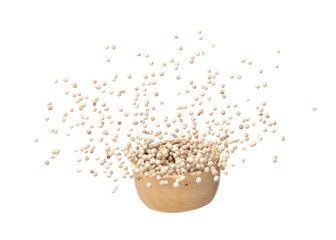 White Pepper seeds fall down pour in wooden bowl, white Pepper float explode, abstract cloud fly....