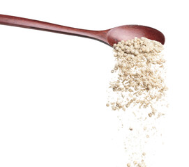 White Pepper seeds fall down pour in wooden spoon, white Pepper mix powder float explode, abstract cloud fly. Peppercorn mix powder splash throwing in Air. White background Isolated high speed shutter