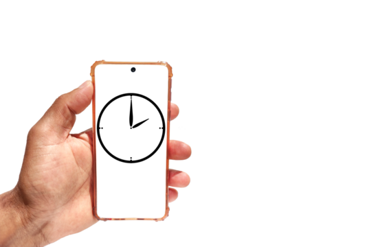 Hand holding smartphone with Black watch icon flat design for apps and 
websites. Time concept Isolated on white background. illustration 
watch sign on screen