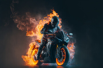 Man riding on the back of a motorcycle on fire - Generative AI