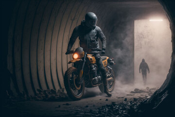 Man riding a motorcycle through a tunnel - Generative AI