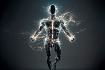 Fototapeta na wymiar Man in lightning flashes, body silhouette with inner energy, generative AI.