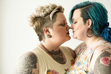 Tatooed short haired lesbian women kissing. generative AI - obrazy, fototapety, plakaty