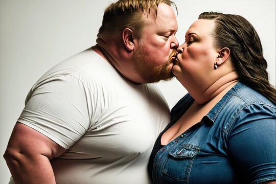 Two overweight obese people kissing on white background. Generative AI