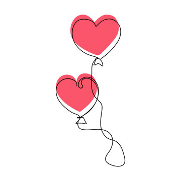 Continuous one line drawing of heart shaped balloons. Valentine's day vector illustration.