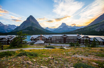 A distant view of the Many Glacier Hotel in the Glacier National Park in Montana, United States