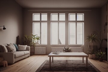Fototapeta premium mock up poster frame in boho interior background, wooden living room design, Scandinavian style. Generative AI illustration