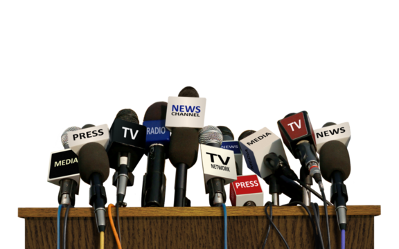 Microphones at press and media conference 